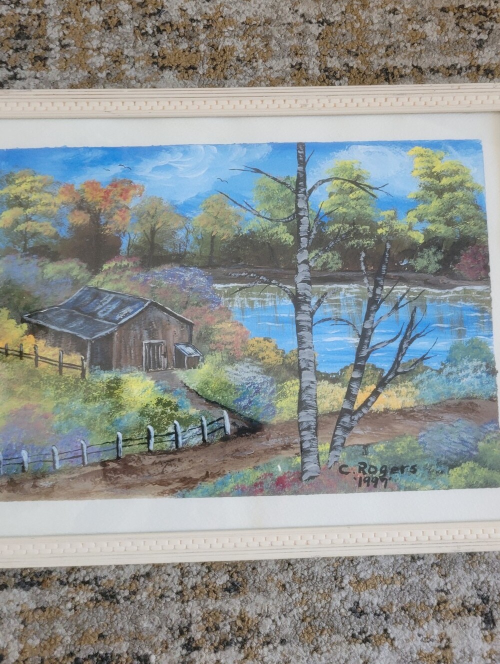 Original Folk Art Rustic Barn & River Landscape Painting, Signed C. Rogers 1997